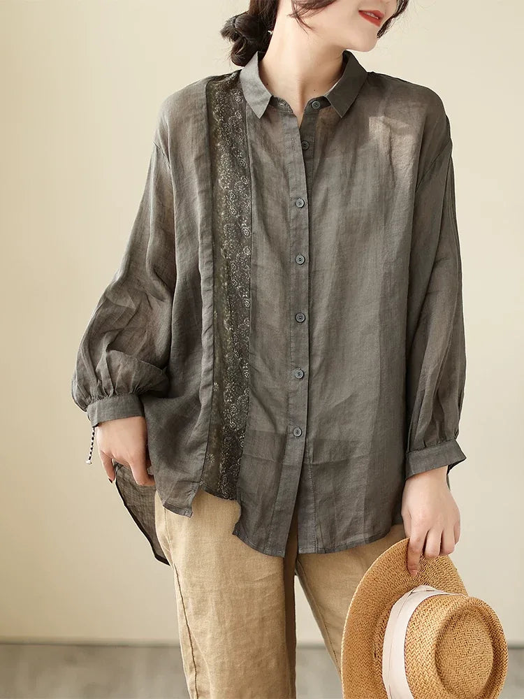 Ethnic Floral Patch Button-Front Shirt Long Sleeve