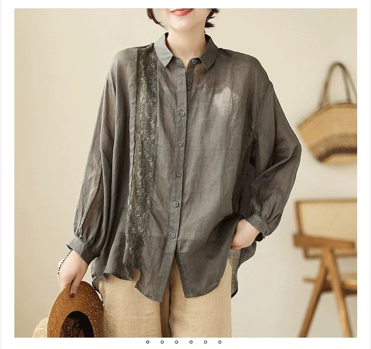 Ethnic Floral Patch Button-Front Shirt Long Sleeve