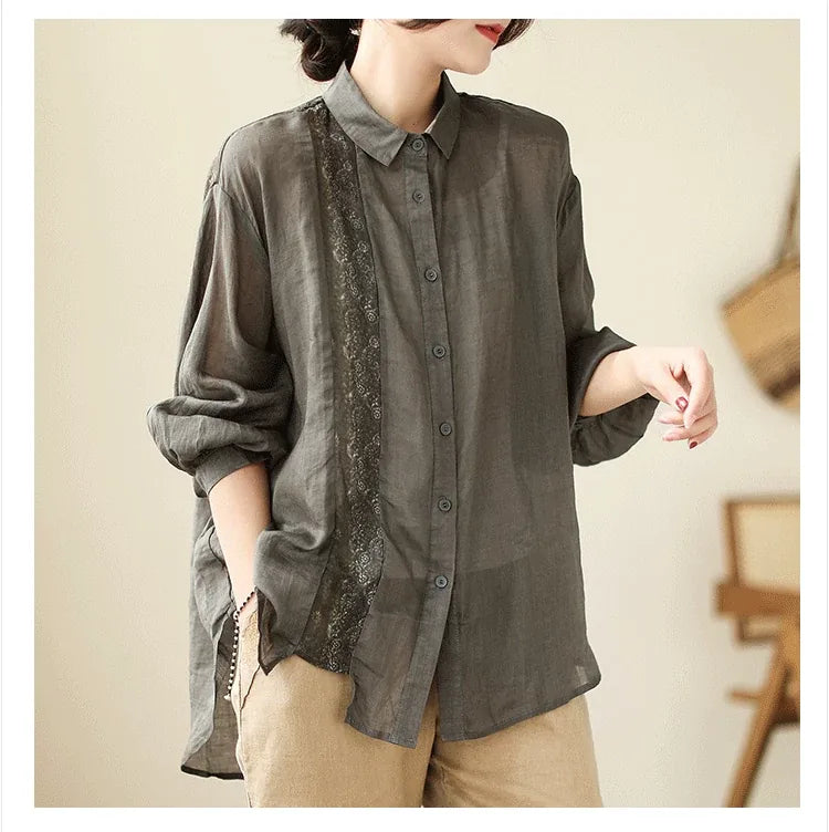 Ethnic Floral Patch Button-Front Shirt Long Sleeve