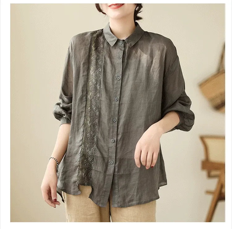 Ethnic Floral Patch Button-Front Shirt Long Sleeve