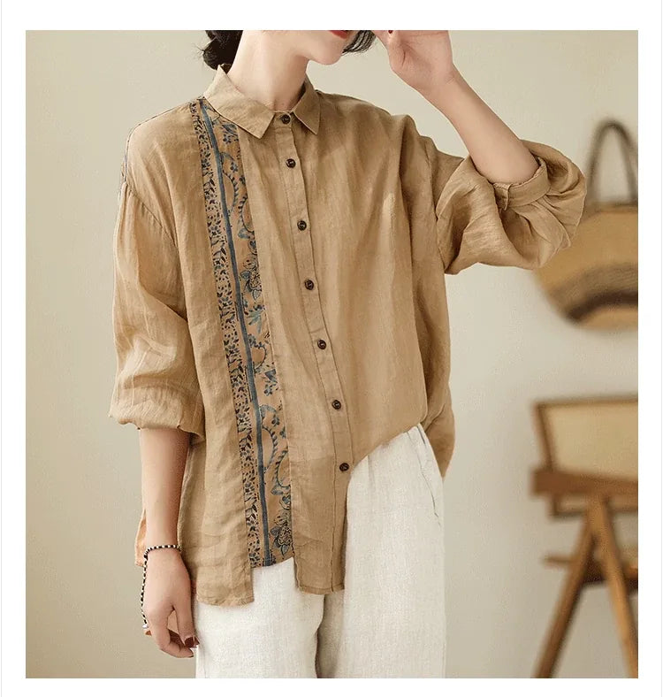 Ethnic Floral Patch Button-Front Shirt Long Sleeve