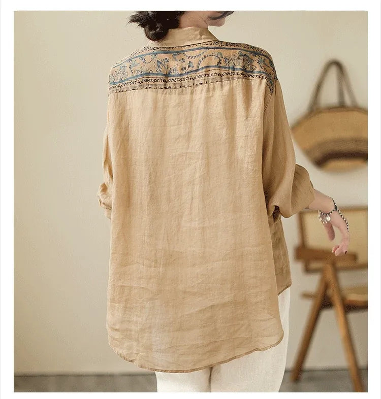 Ethnic Floral Patch Button-Front Shirt Long Sleeve