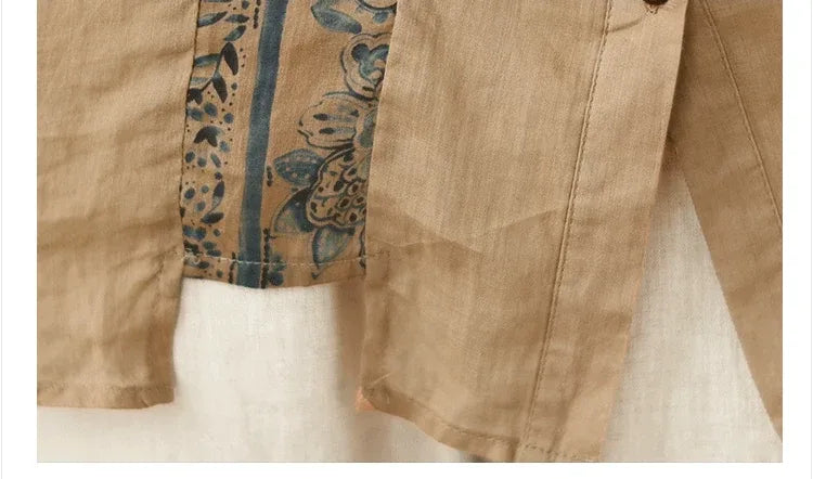 Ethnic Floral Patch Button-Front Shirt Long Sleeve