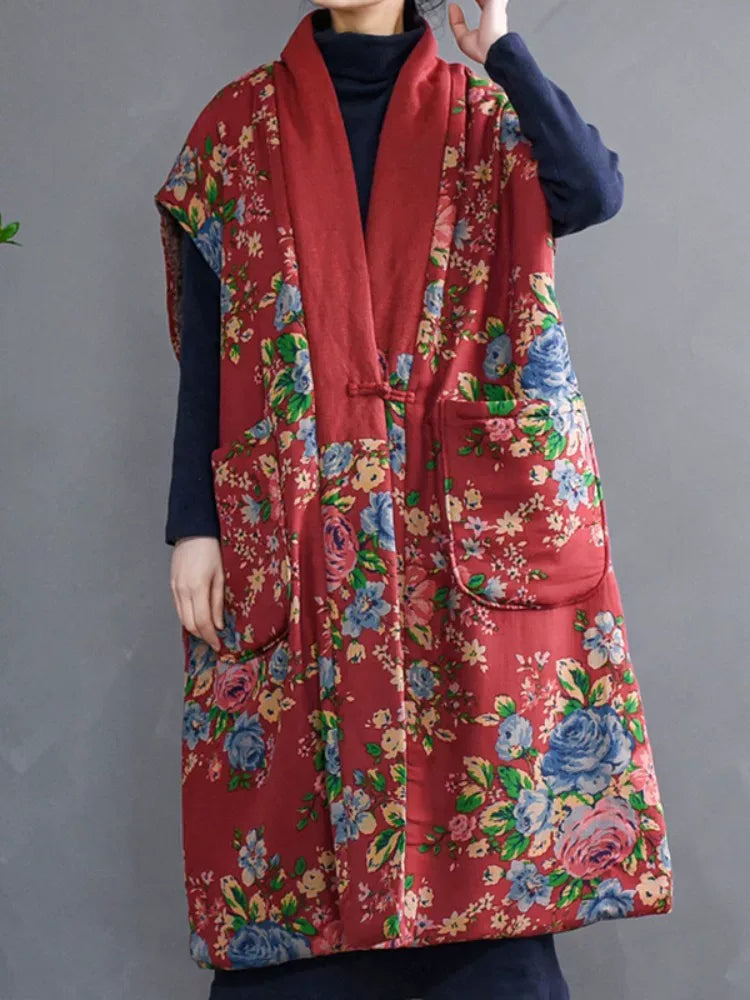 Ethnic Floral Print Mandarin Collar Padded Vest