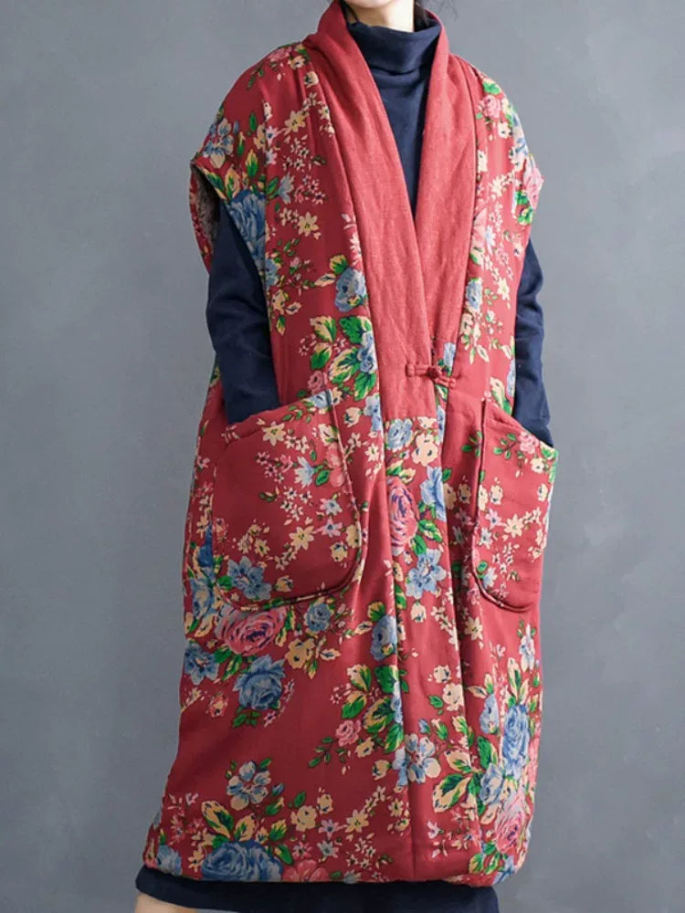 Ethnic Floral Print Mandarin Collar Padded Vest