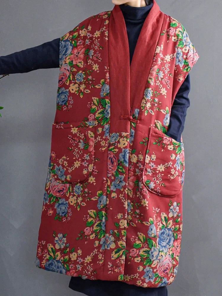 Ethnic Floral Print Mandarin Collar Padded Vest