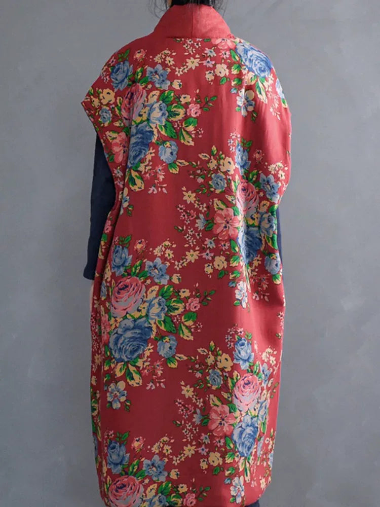 Ethnic Floral Print Mandarin Collar Padded Vest