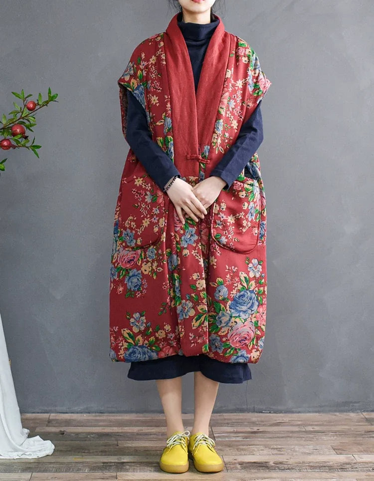 Ethnic Floral Print Mandarin Collar Padded Vest