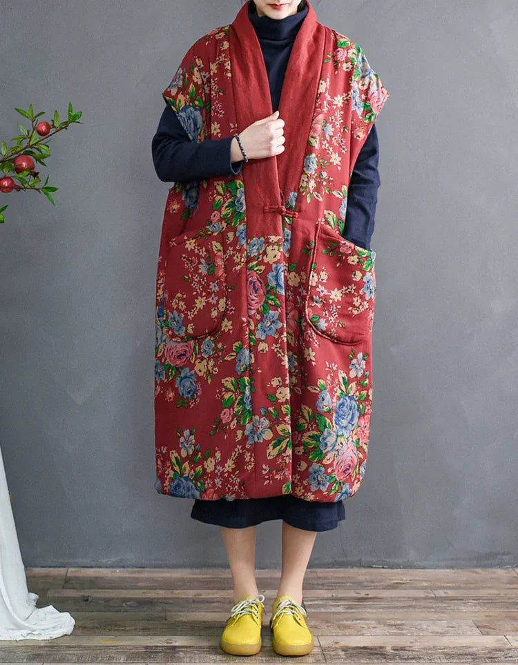 Ethnic Floral Print Mandarin Collar Padded Vest