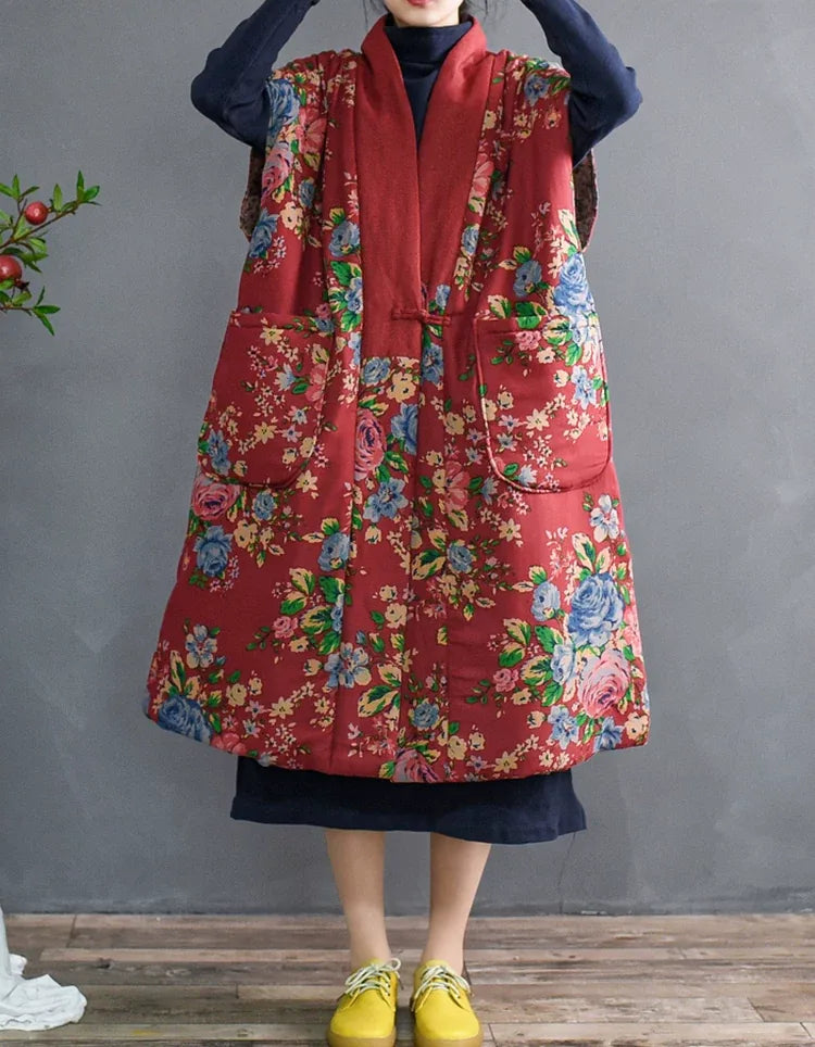 Ethnic Floral Print Mandarin Collar Padded Vest