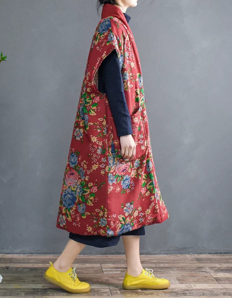 Ethnic Floral Print Mandarin Collar Padded Vest