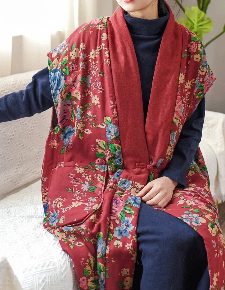 Ethnic Floral Print Mandarin Collar Padded Vest