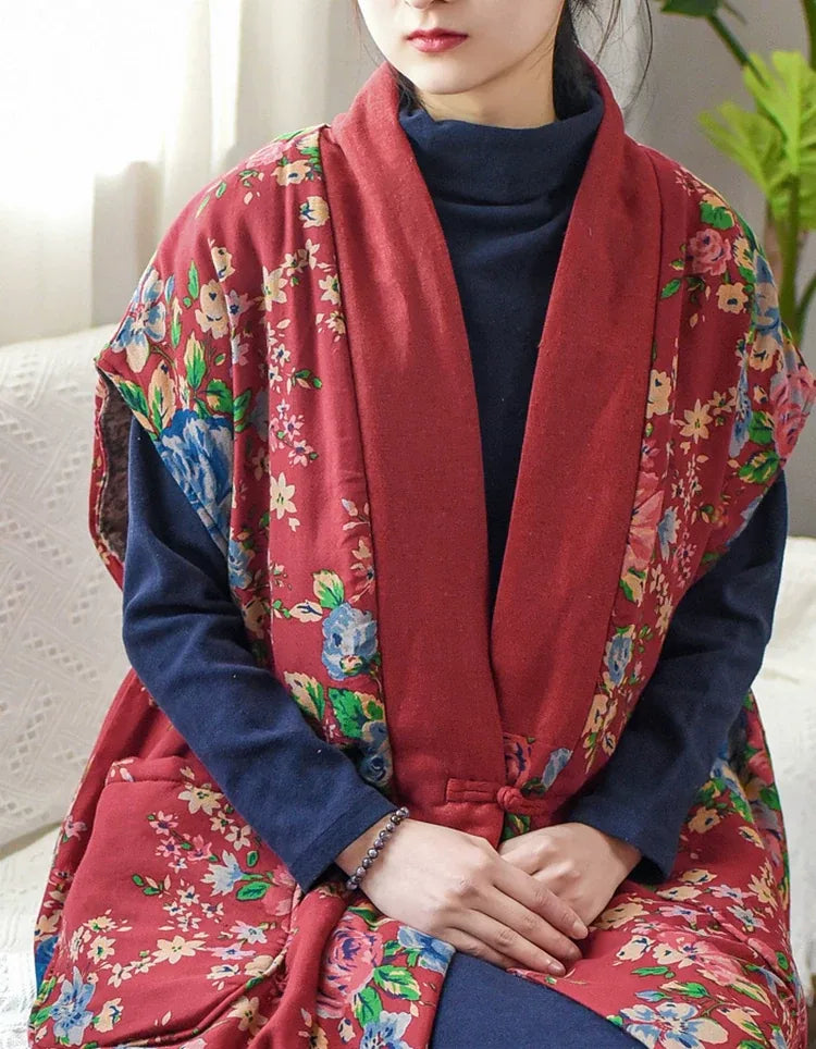 Ethnic Floral Print Mandarin Collar Padded Vest