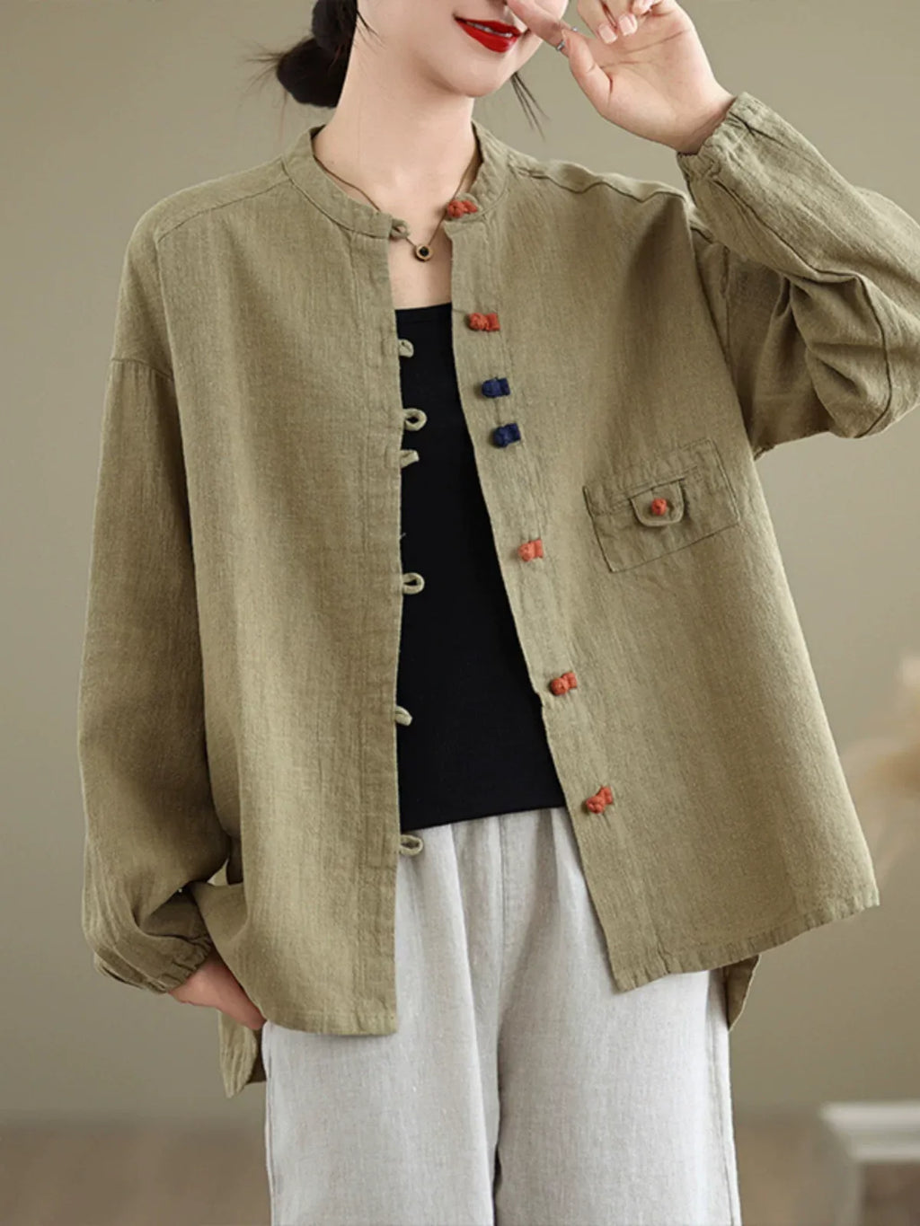 Ethnic Frog Button Mandarin Collar Long Sleeve Shirt