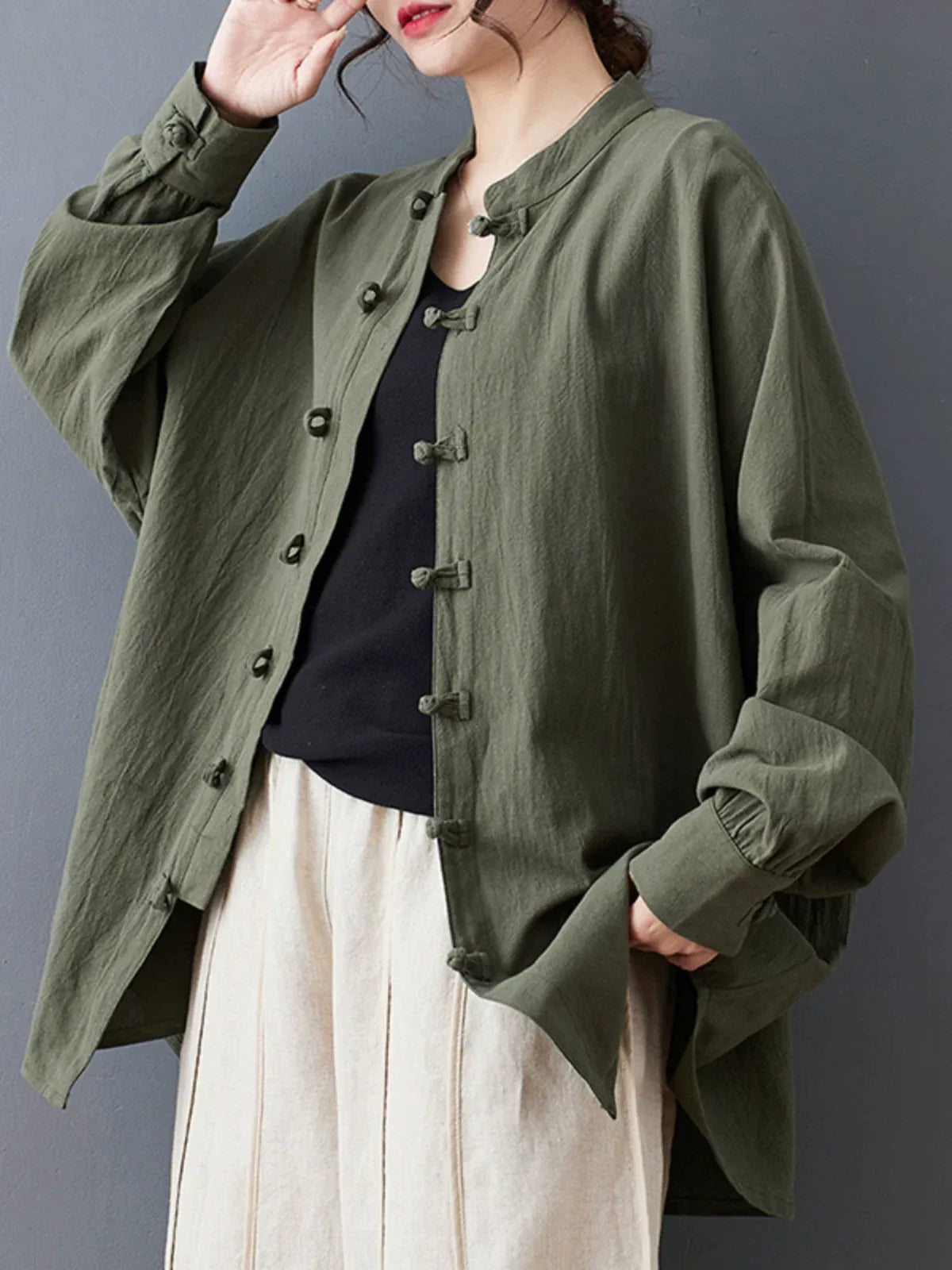 Ethnic Frog Button Mandarin Collar Long Sleeve Shirt