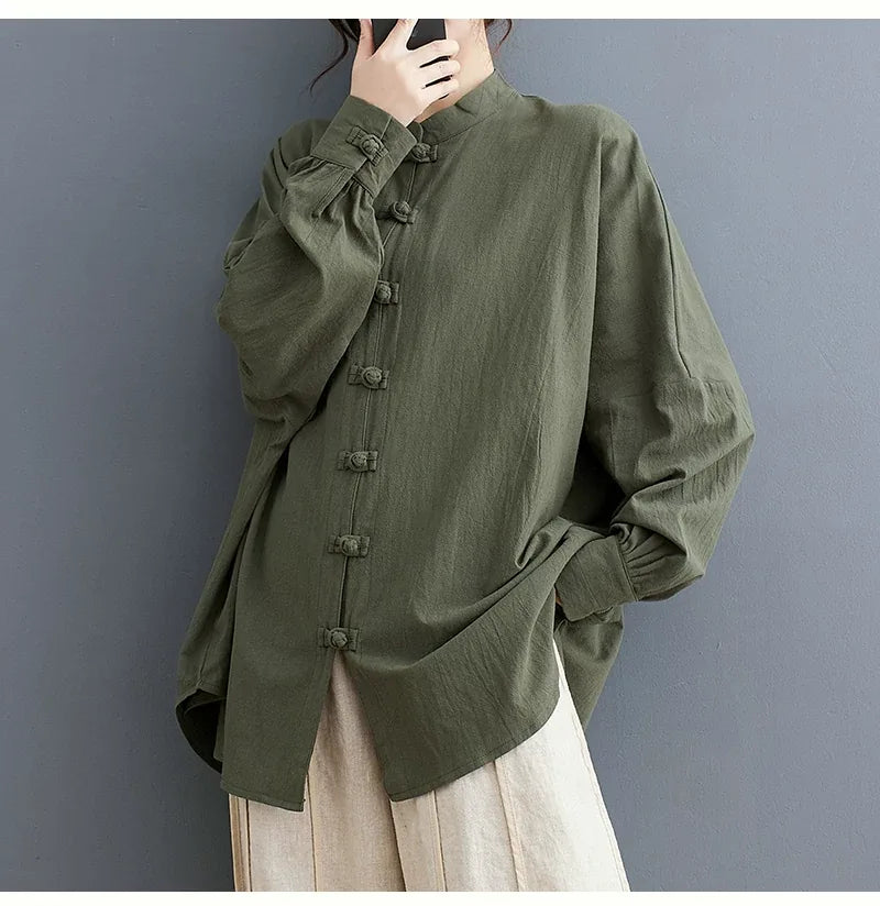 Ethnic Frog Button Mandarin Collar Long Sleeve Shirt