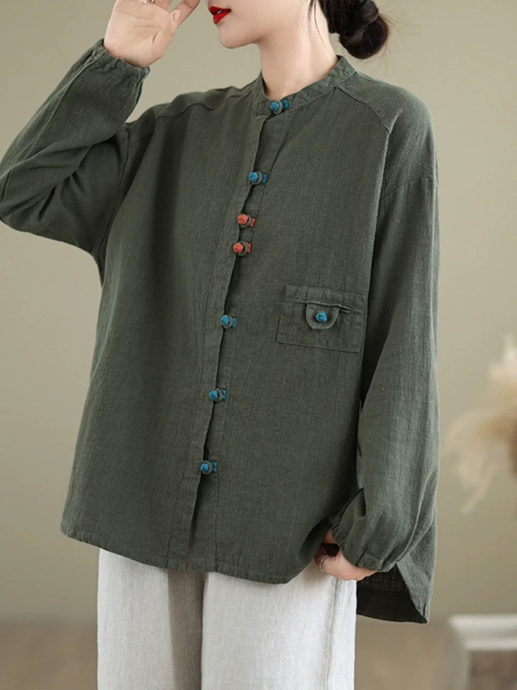 Ethnic Frog Button Mandarin Collar Long Sleeve Shirt
