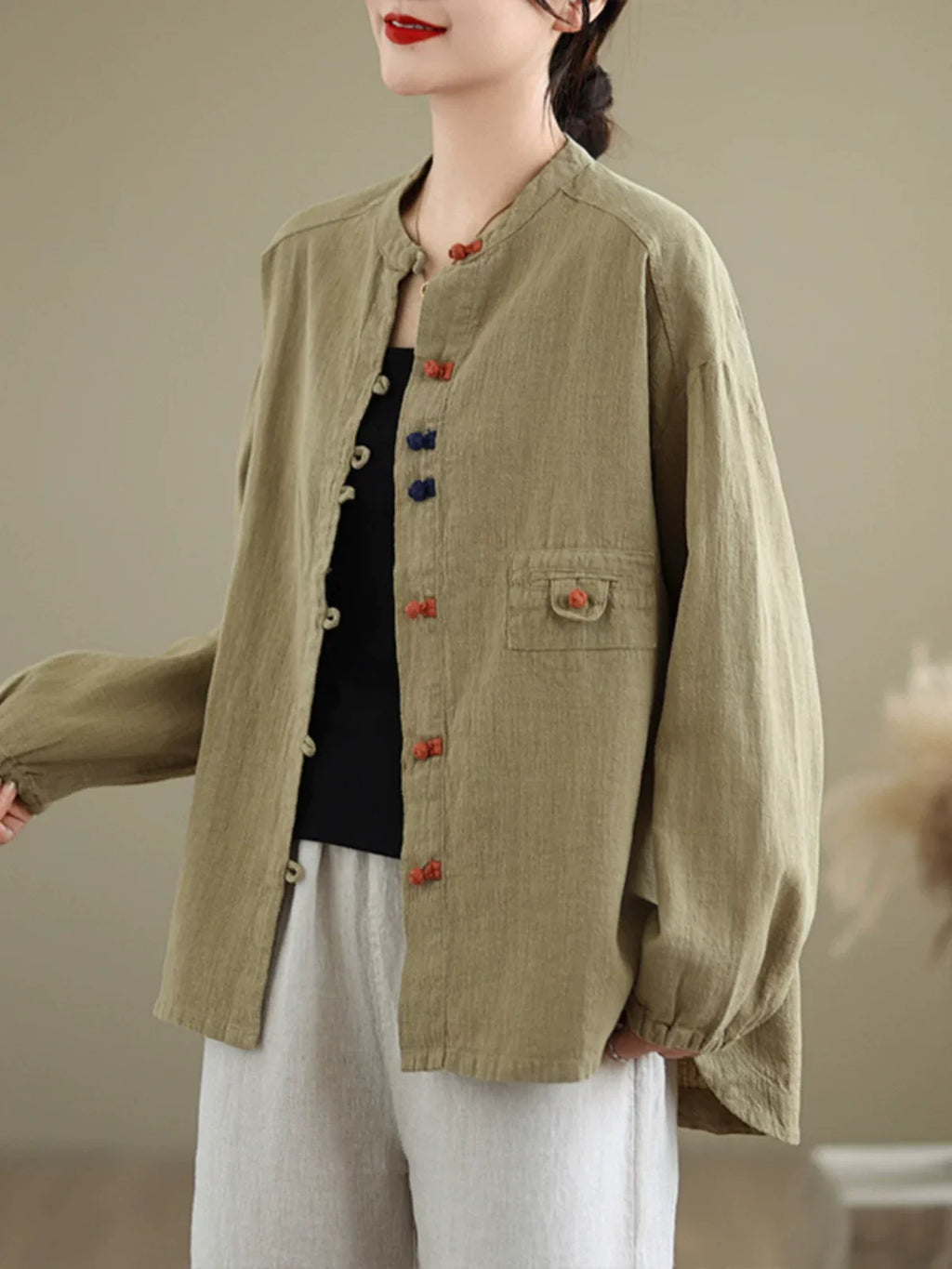 Ethnic Frog Button Mandarin Collar Long Sleeve Shirt