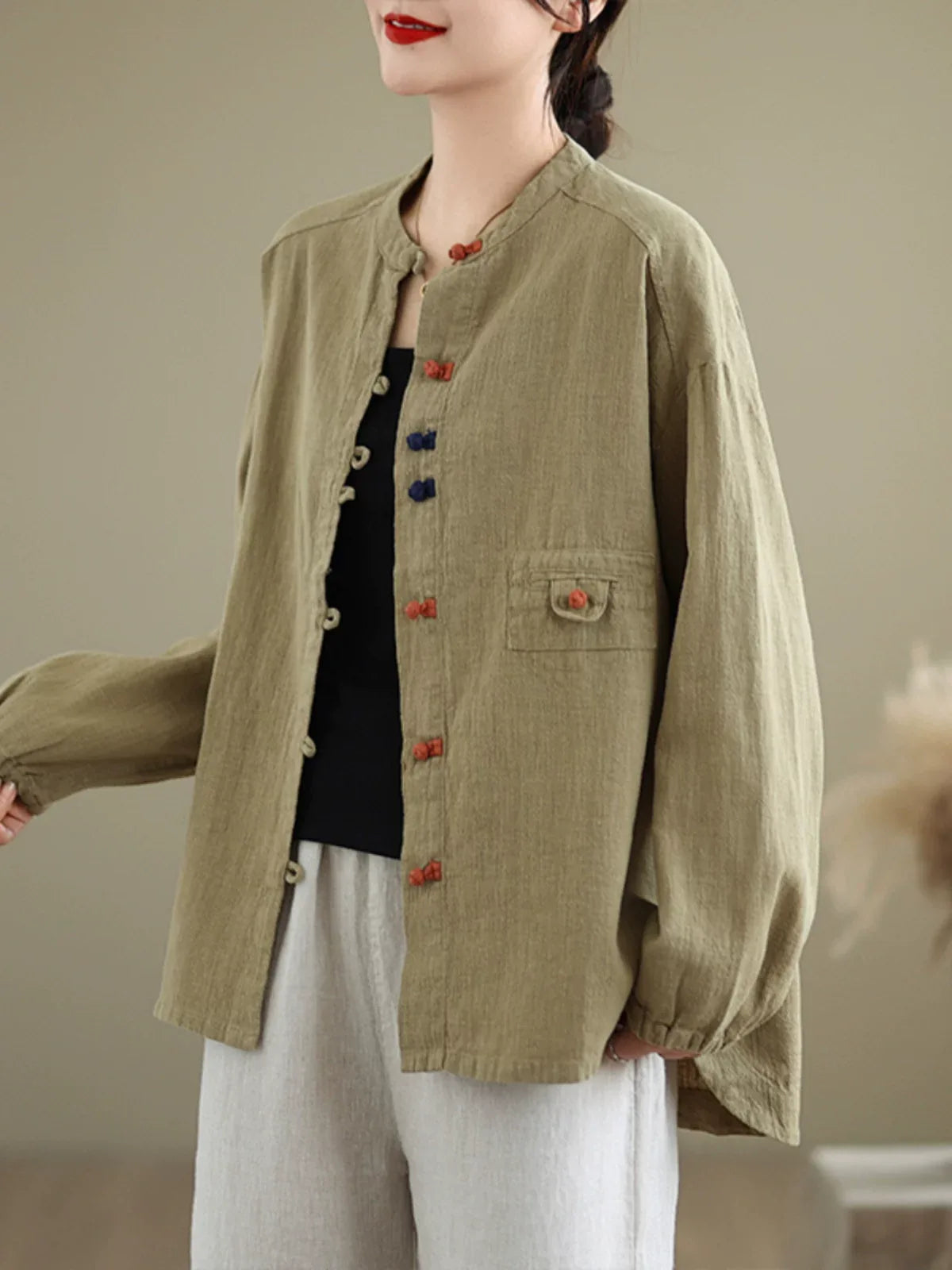 Ethnic Frog Button Mandarin Collar Long Sleeve Shirt