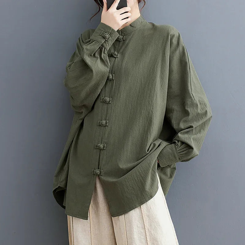 Ethnic Frog Button Mandarin Collar Long Sleeve Shirt