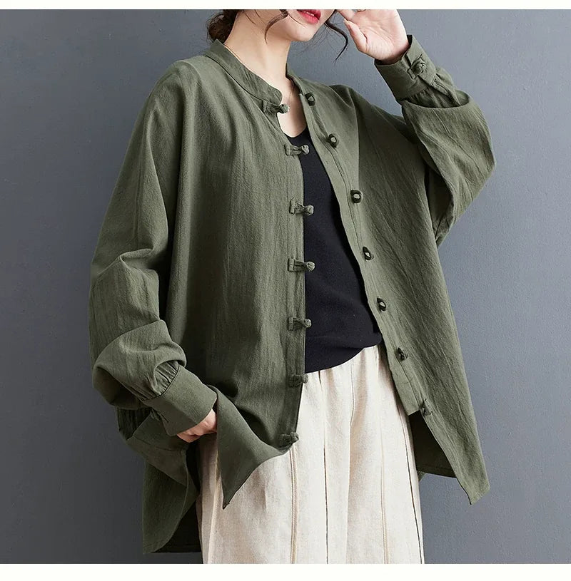 Ethnic Frog Button Mandarin Collar Long Sleeve Shirt