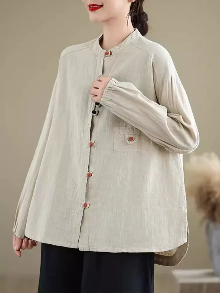 Ethnic Frog Button Mandarin Collar Long Sleeve Shirt