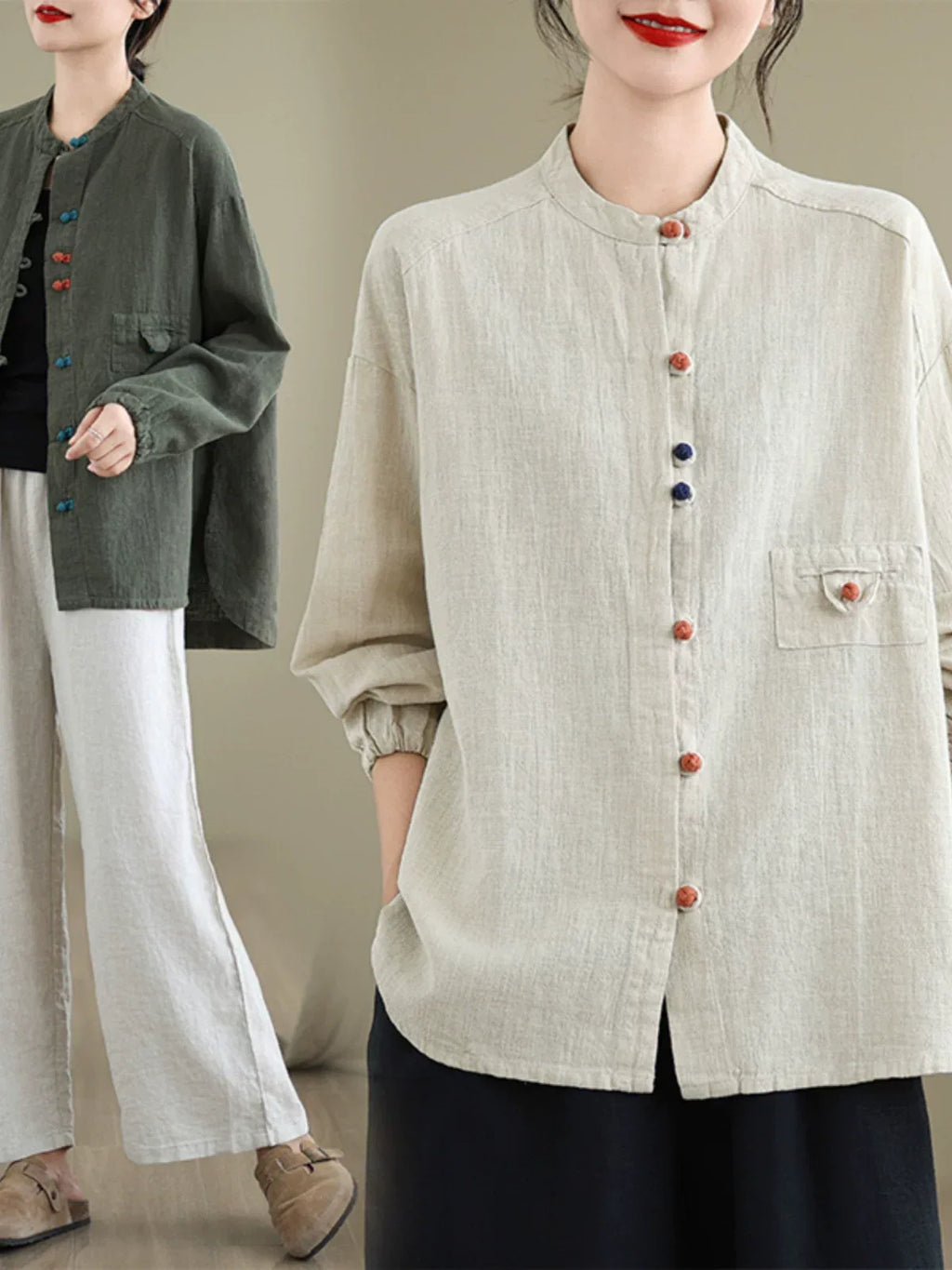 Ethnic Frog Button Mandarin Collar Long Sleeve Shirt
