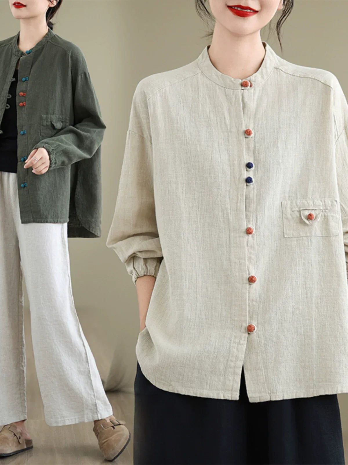Ethnic Frog Button Mandarin Collar Long Sleeve Shirt