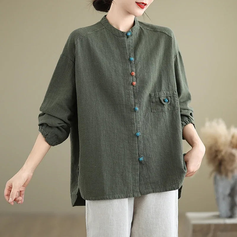Ethnic Frog Button Mandarin Collar Long Sleeve Shirt