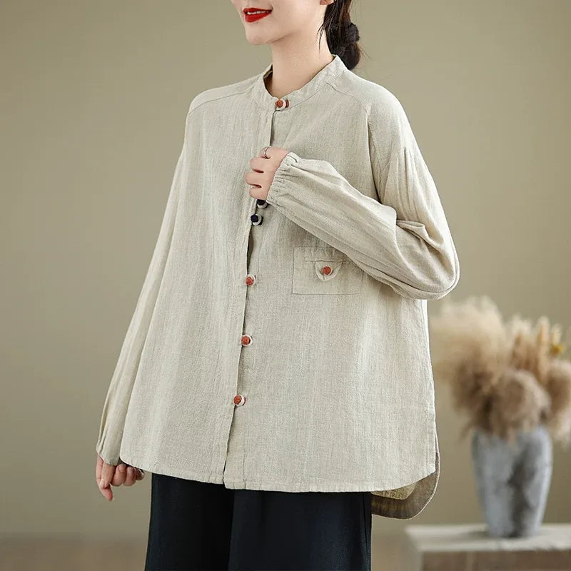 Ethnic Frog Button Mandarin Collar Long Sleeve Shirt