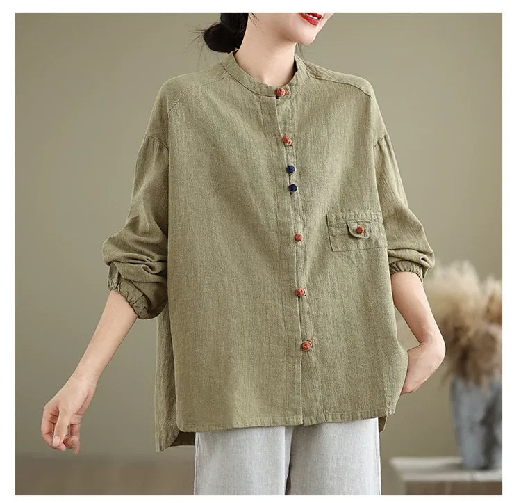 Ethnic Frog Button Mandarin Collar Long Sleeve Shirt
