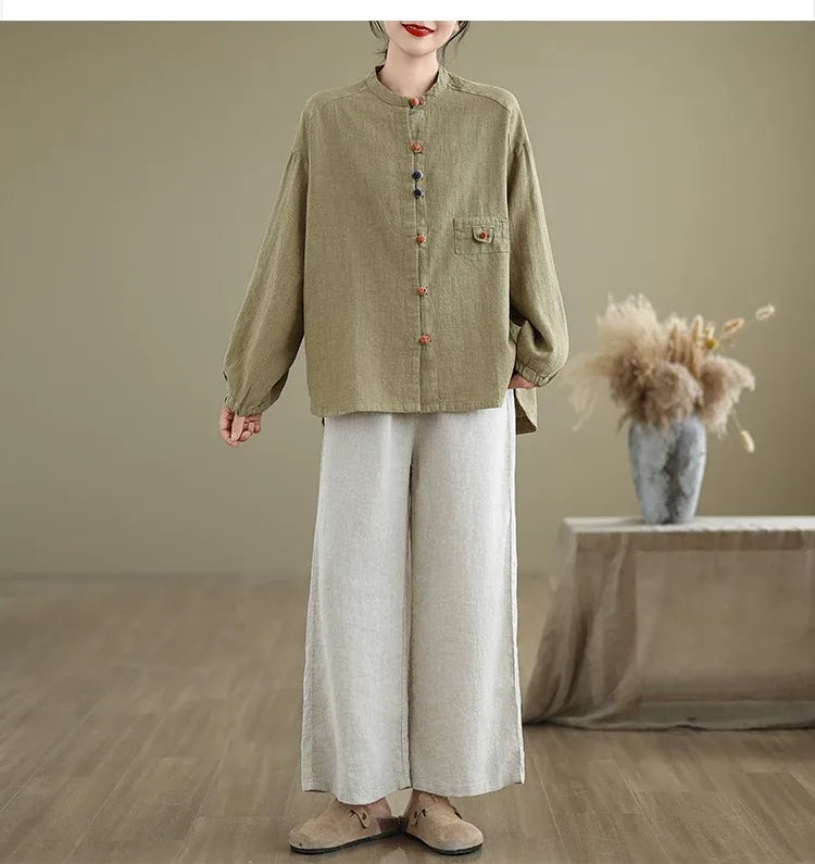 Ethnic Frog Button Mandarin Collar Long Sleeve Shirt