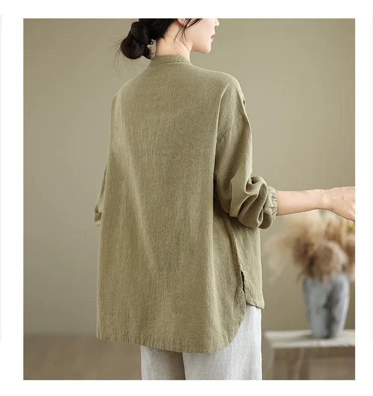 Ethnic Frog Button Mandarin Collar Long Sleeve Shirt