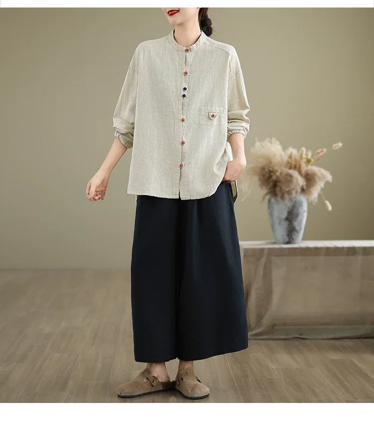 Ethnic Frog Button Mandarin Collar Long Sleeve Shirt