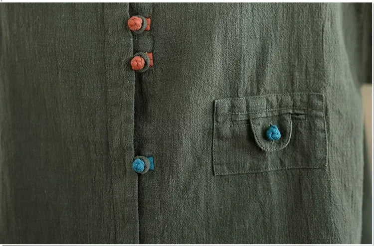 Ethnic Frog Button Mandarin Collar Long Sleeve Shirt