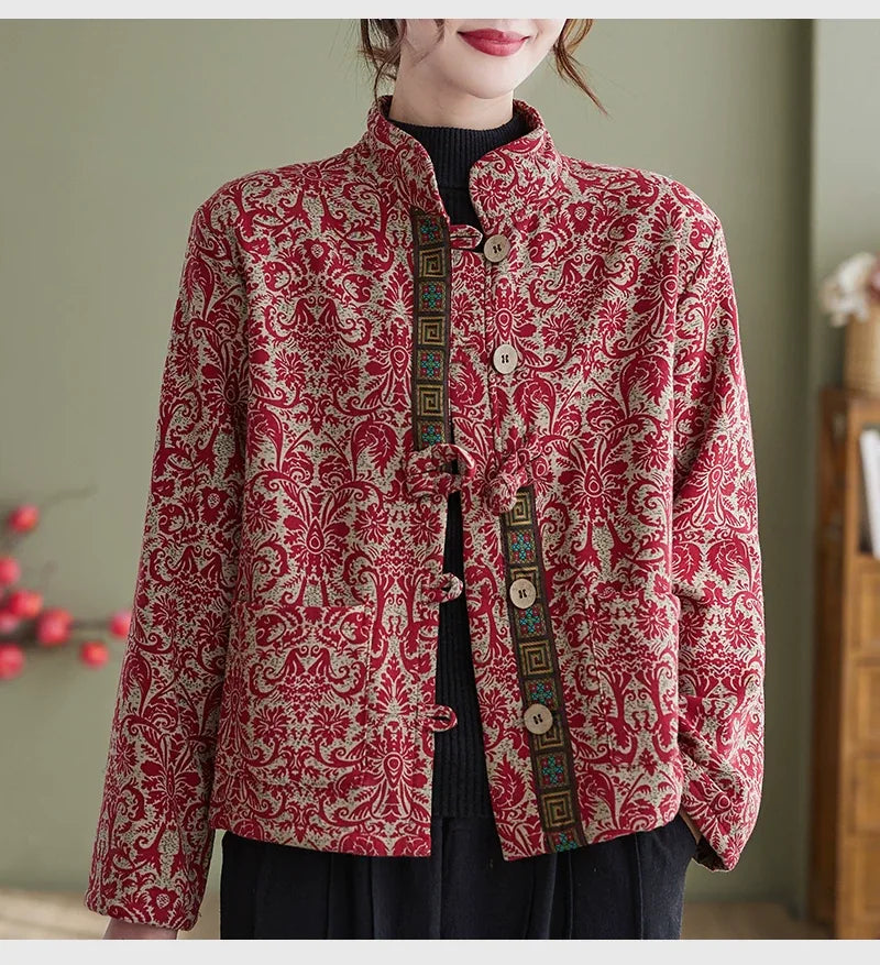 Ethnic Jacquard Mandarin Collar Fleece-Lined Padded Jacket