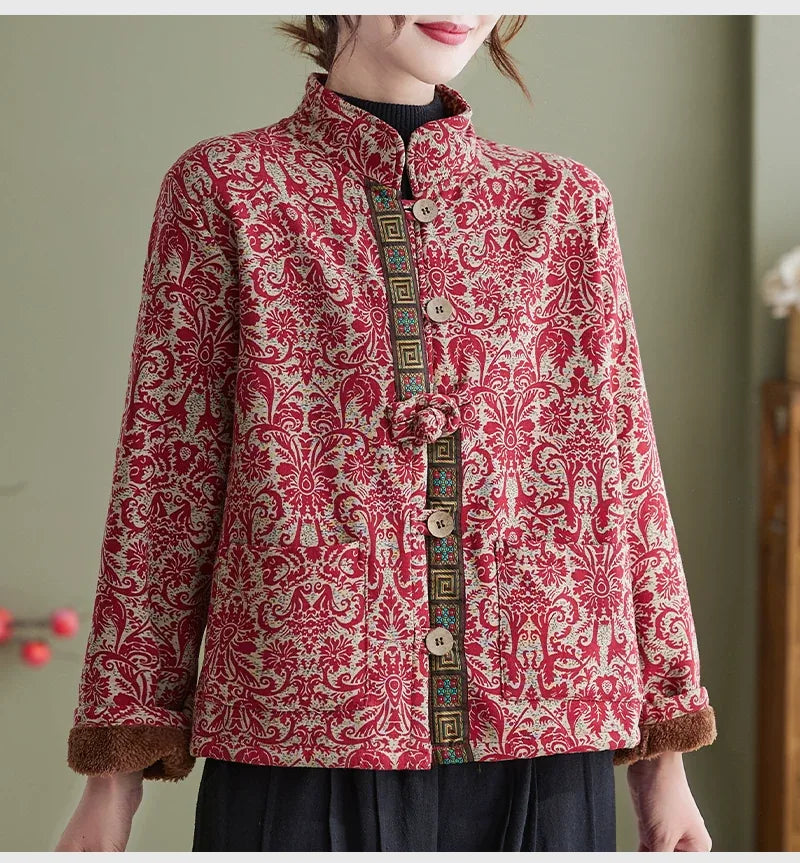 Ethnic Jacquard Mandarin Collar Fleece-Lined Padded Jacket