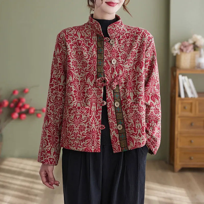 Ethnic Jacquard Mandarin Collar Fleece-Lined Padded Jacket