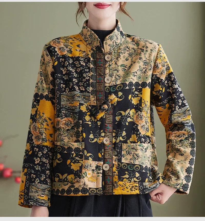 Ethnic Jacquard Mandarin Collar Fleece-Lined Padded Jacket