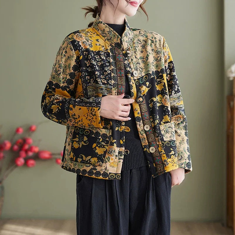 Ethnic Jacquard Mandarin Collar Fleece-Lined Padded Jacket