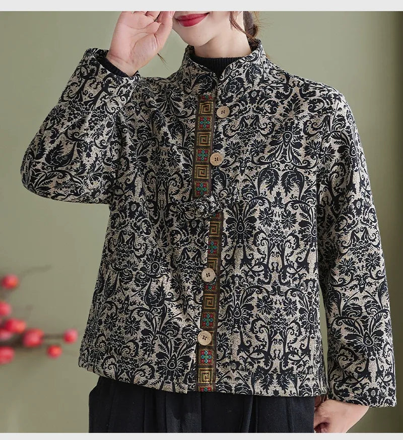 Ethnic Jacquard Mandarin Collar Fleece-Lined Padded Jacket