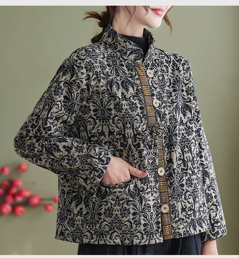 Ethnic Jacquard Mandarin Collar Fleece-Lined Padded Jacket