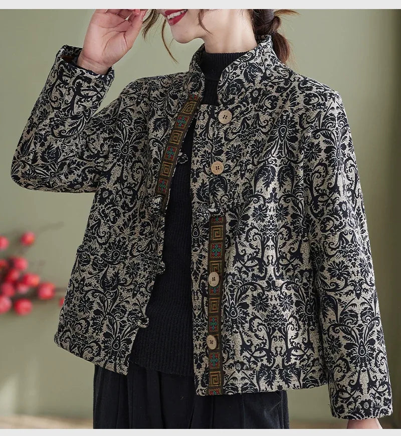 Ethnic Jacquard Mandarin Collar Fleece-Lined Padded Jacket