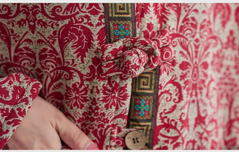 Ethnic Jacquard Mandarin Collar Fleece-Lined Padded Jacket