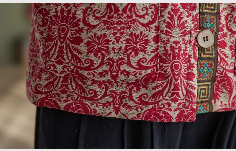 Ethnic Jacquard Mandarin Collar Fleece-Lined Padded Jacket