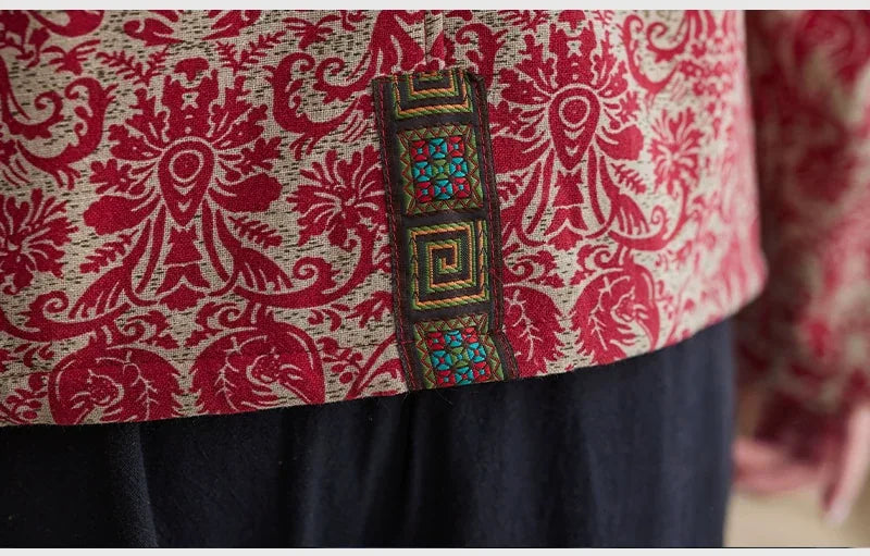 Ethnic Jacquard Mandarin Collar Fleece-Lined Padded Jacket