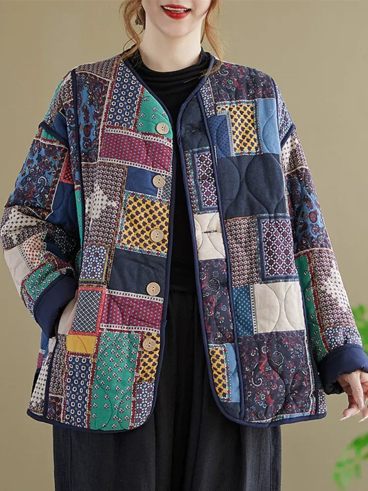 Ethnic Patchwork Quilted Padded Jacket Long Sleeve