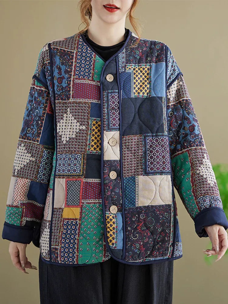 Ethnic Patchwork Quilted Padded Jacket Long Sleeve