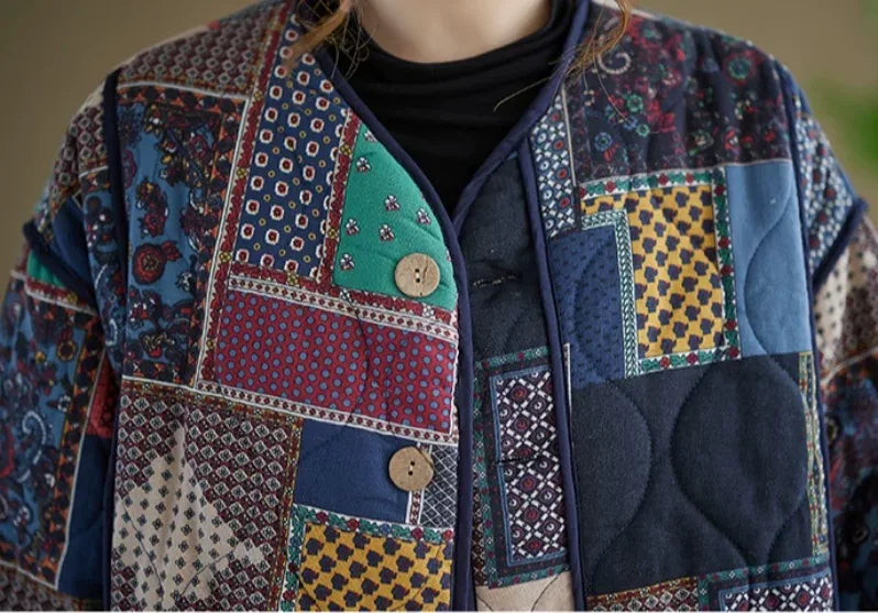 Ethnic Patchwork Quilted Padded Jacket Long Sleeve