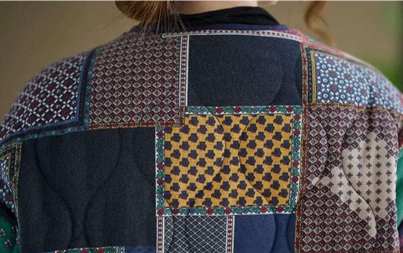 Ethnic Patchwork Quilted Padded Jacket Long Sleeve